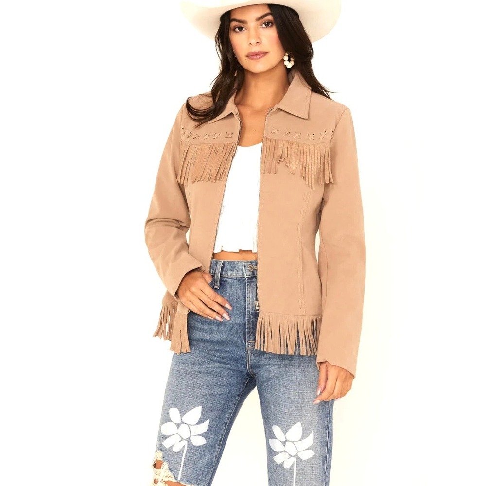 Fornia Saddle‎ Creek Fringe Western Boho Cowgirl Faux Leather Jacket Women's L